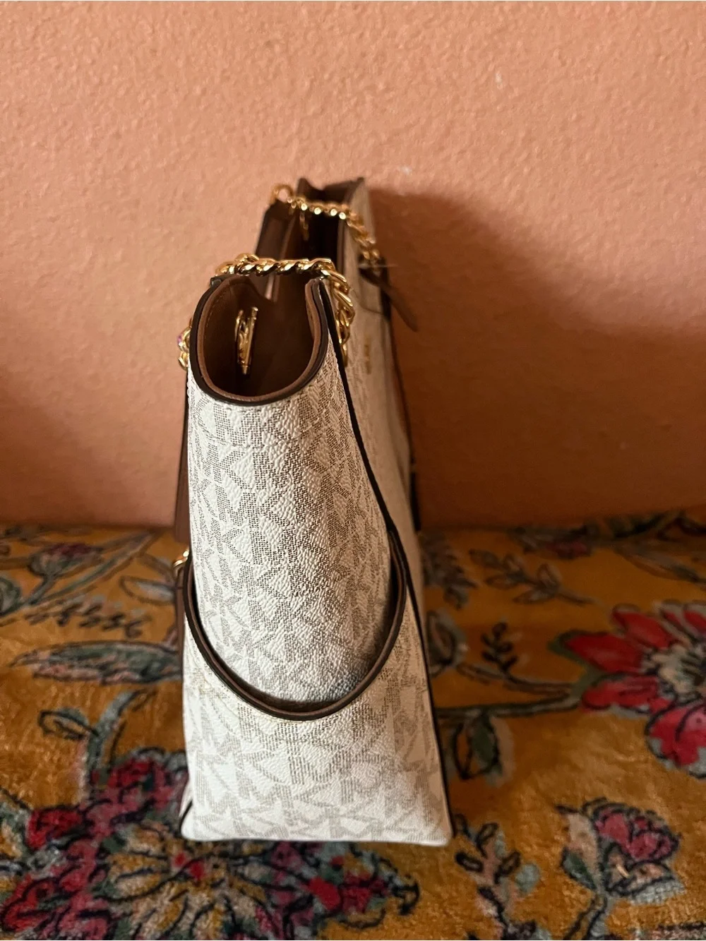 Michael Kors White and Brown MK Logo Tote with Gold Hardware